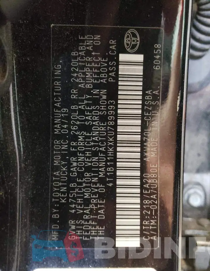 4T1B11HKXKU789993 Photo# 10