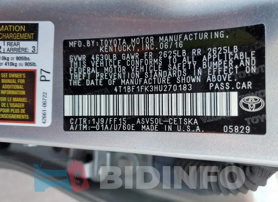 4T1BF1FK3HU270183 Photo# 13