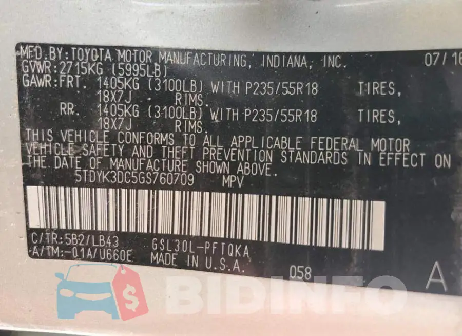 5TDYK3DC5GS760709 Photo# 10