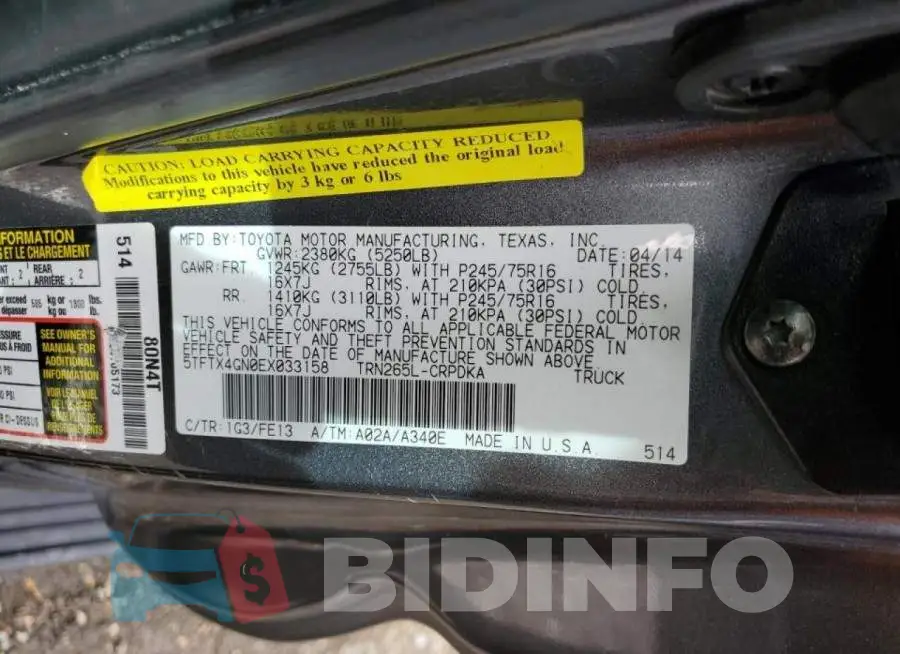 5TFTX4GN0EX033158 Photo# 13