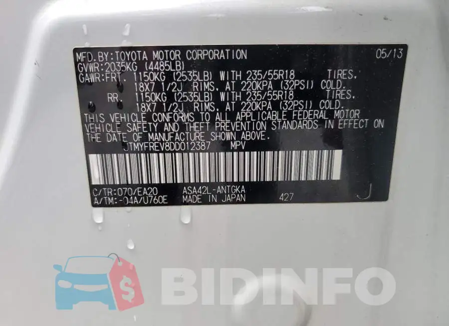 JTMYFREV8DD012387 Photo# 14