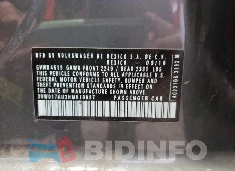 3VW017AU2HM510587 Photo# 10