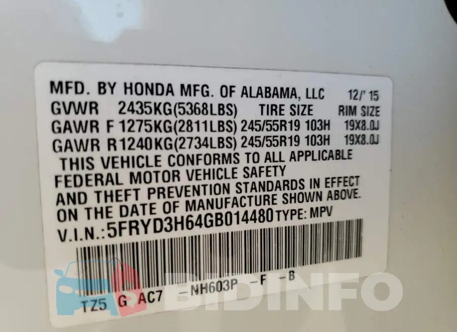 5FRYD3H64GB014480 Photo# 10
