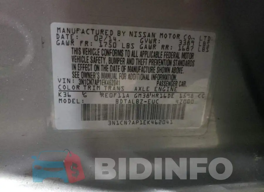 3N1CN7AP1EK462041 Photo# 12