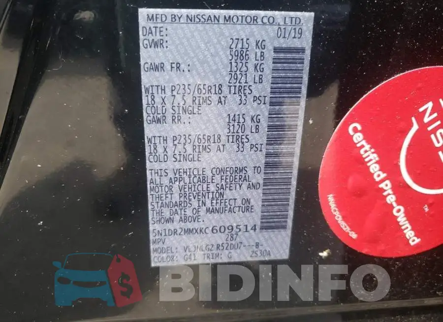 5N1DR2MMXKC609514 Photo# 10