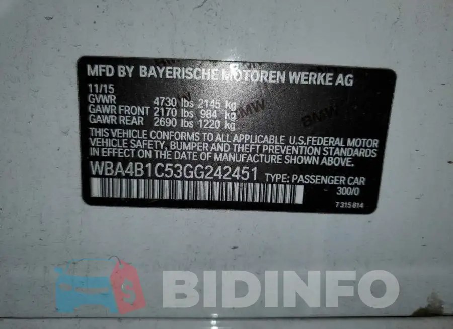 WBA4B1C53GG242451 Photo# 12