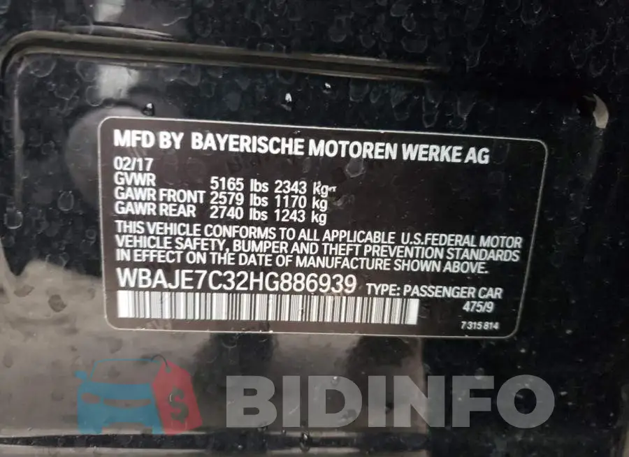 WBAJE7C32HG886939 Photo# 13