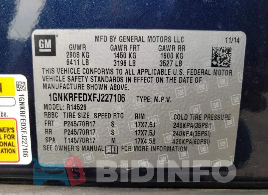 1GNKRFEDXFJ227106 Photo# 10