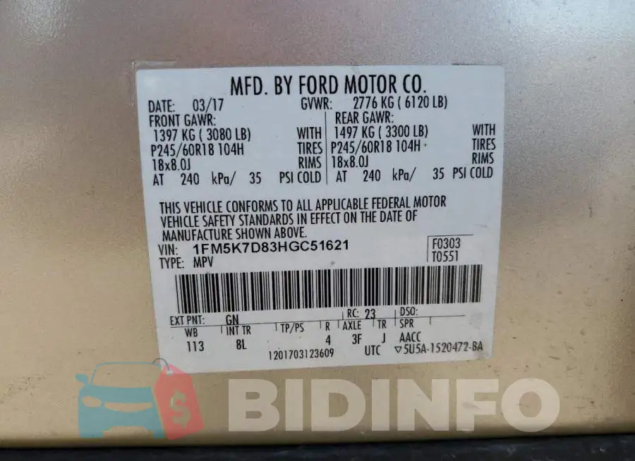 1FM5K7D83HGC51621 Photo# 13