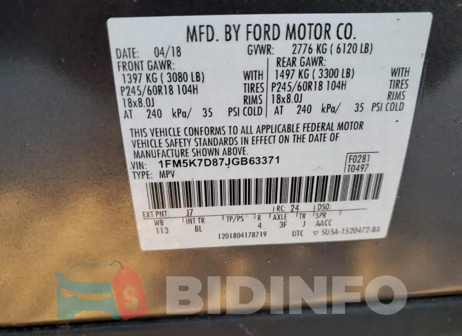 1FM5K7D87JGB63371 Photo# 10