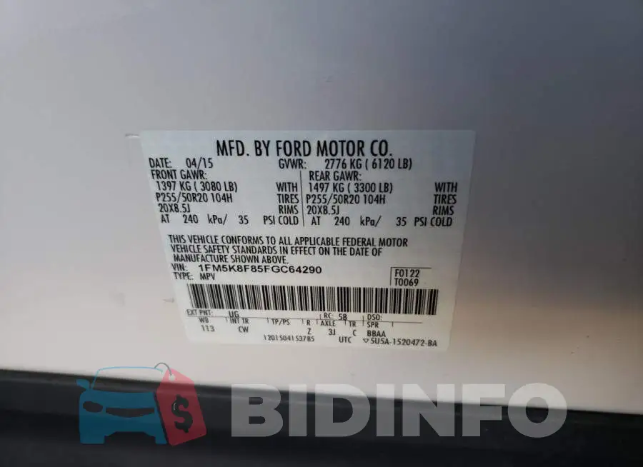1FM5K8F85FGC64290 Photo# 10