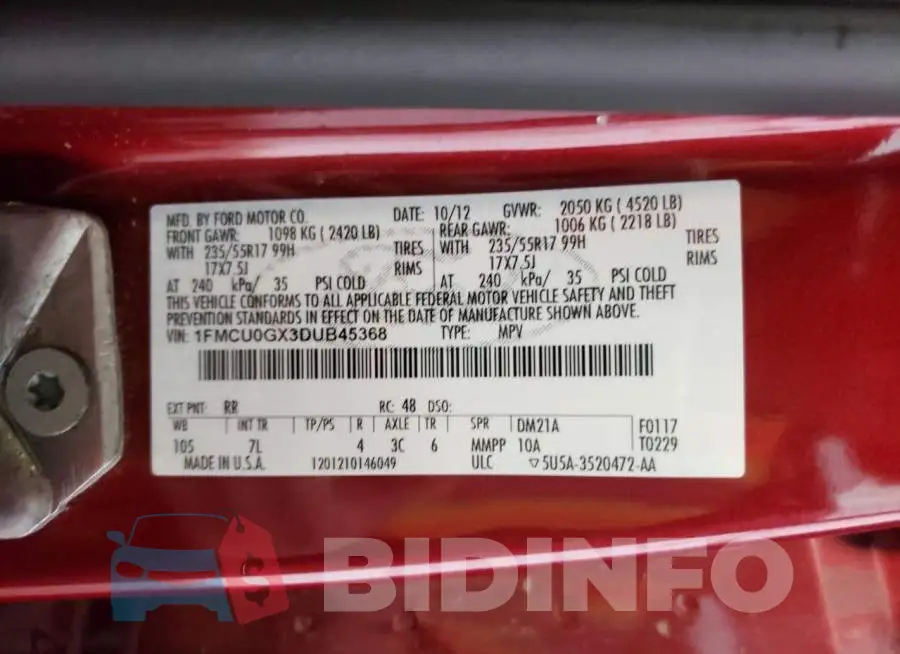 1FMCU0GX3DUB45368 Photo# 10
