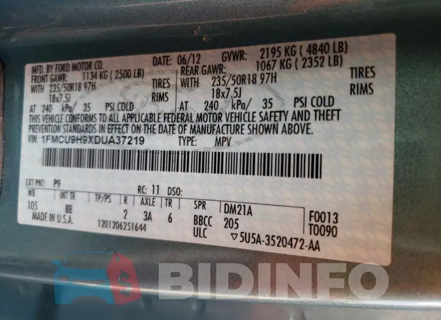 1FMCU9H9XDUA37219 Photo# 10