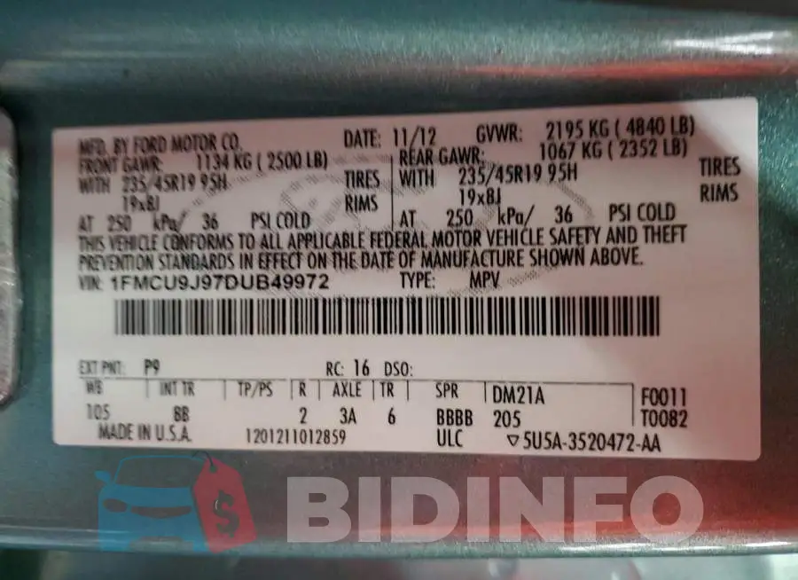 1FMCU9J97DUB49972 Photo# 12