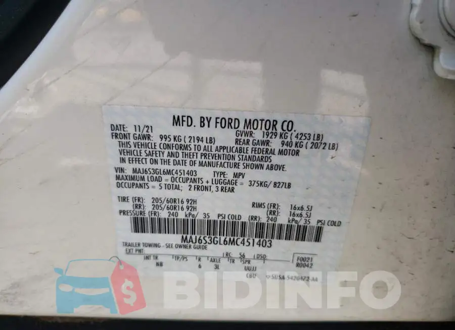 MAJ6S3GL6MC451403 Photo# 10