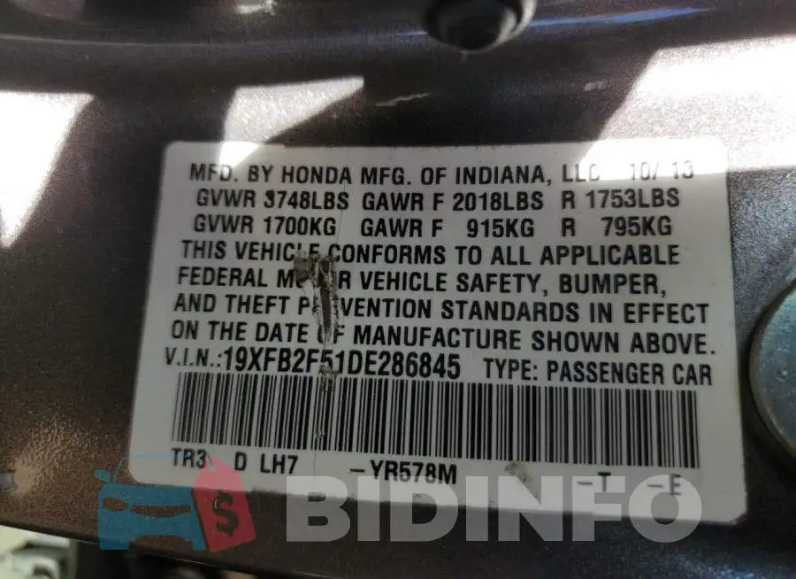 19XFB2F51DE286845 Photo# 13