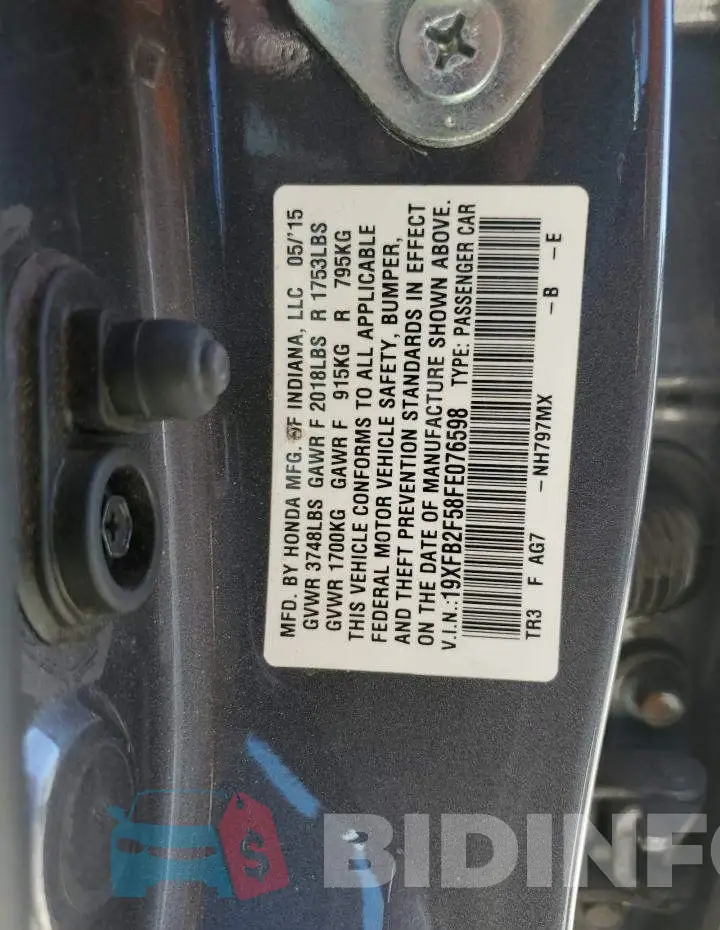 19XFB2F58FE076598 Photo# 10