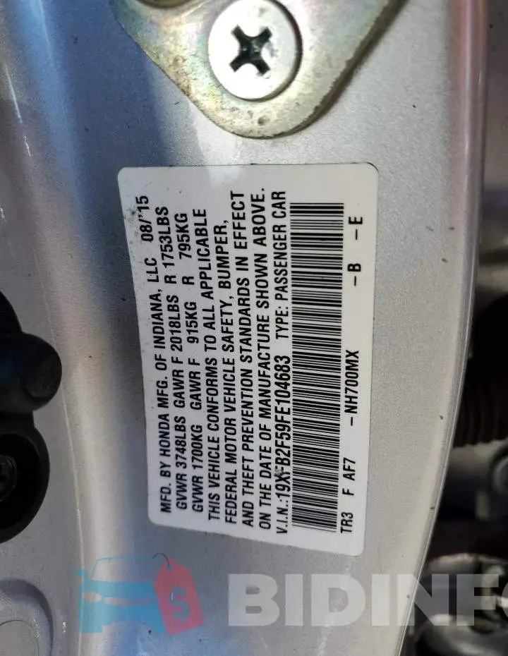 19XFB2F59FE104683 Photo# 13