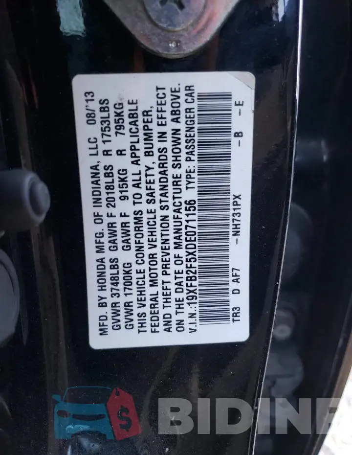 19XFB2F5XDE071156 Photo# 10