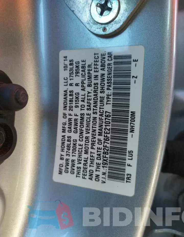19XFB2F76FE210767 Photo# 13