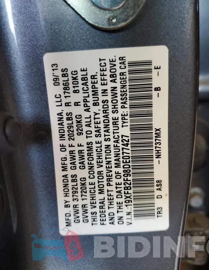 19XFB2F98DE077427 Photo# 12