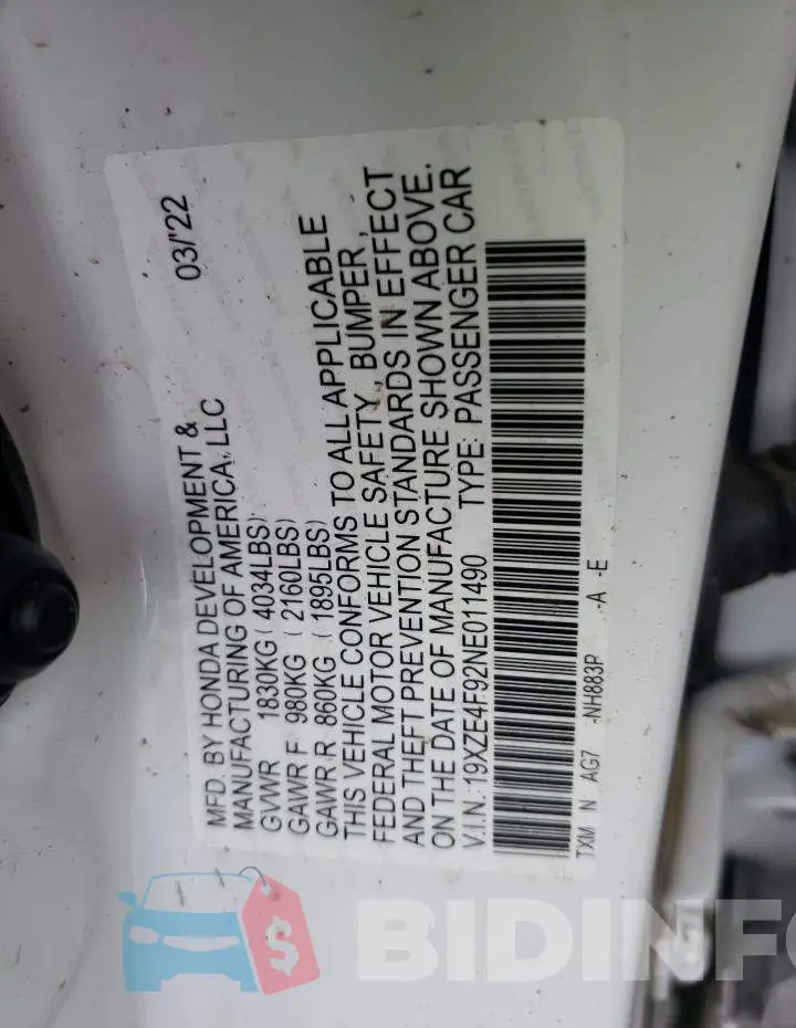 19XZE4F92NE011490 Photo# 10