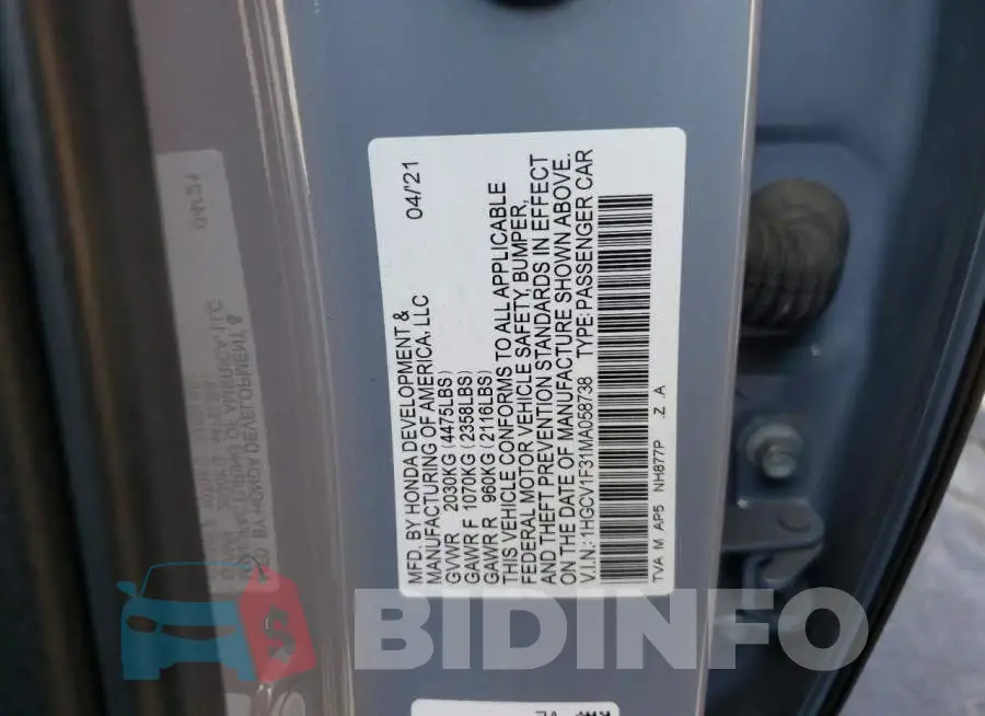 1HGCV1F31MA058738 Photo# 10