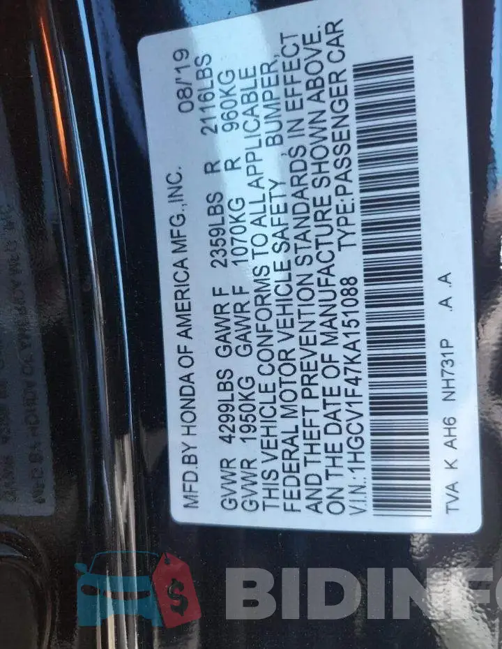 1HGCV1F47KA151088 Photo# 10