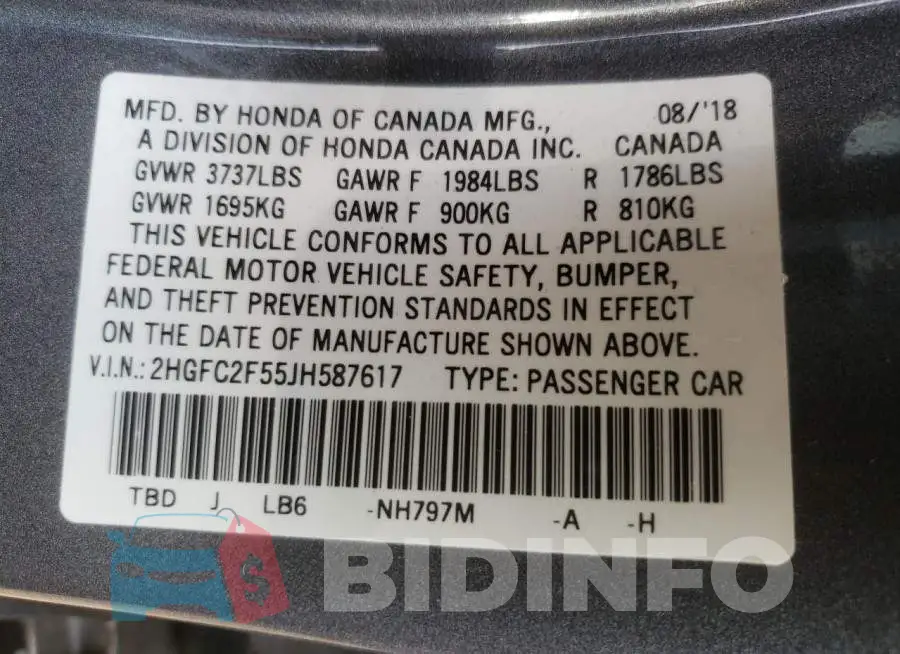 2HGFC2F55JH587617 Photo# 10