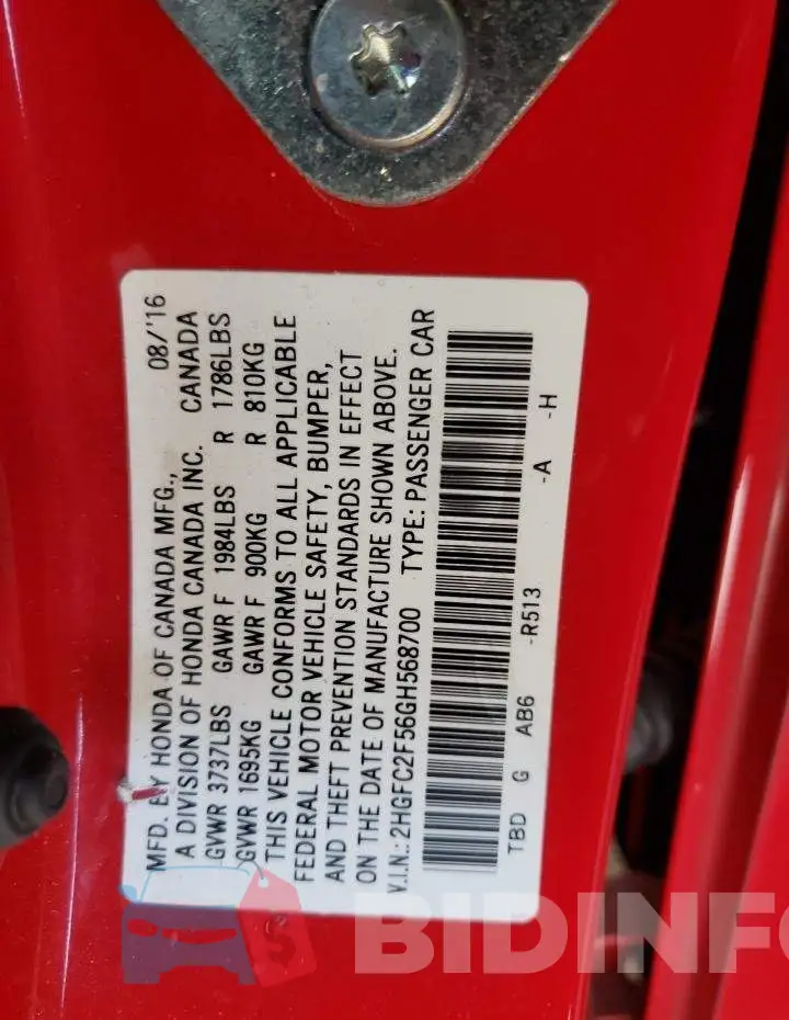 2HGFC2F56GH568700 Photo# 10