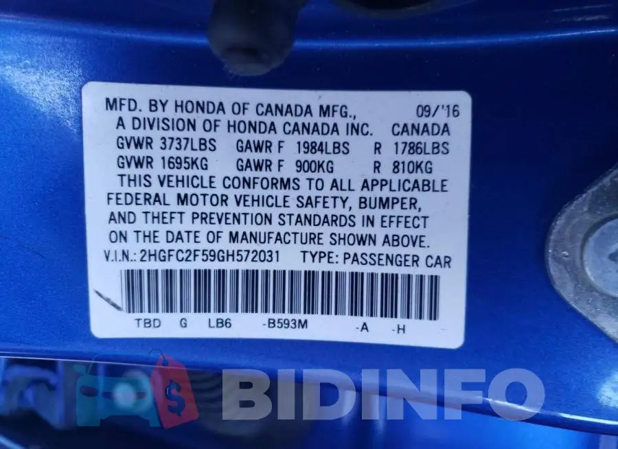 2HGFC2F59GH572031 Photo# 13