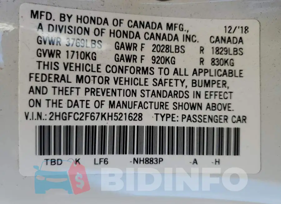 2HGFC2F67KH521628 Photo# 10