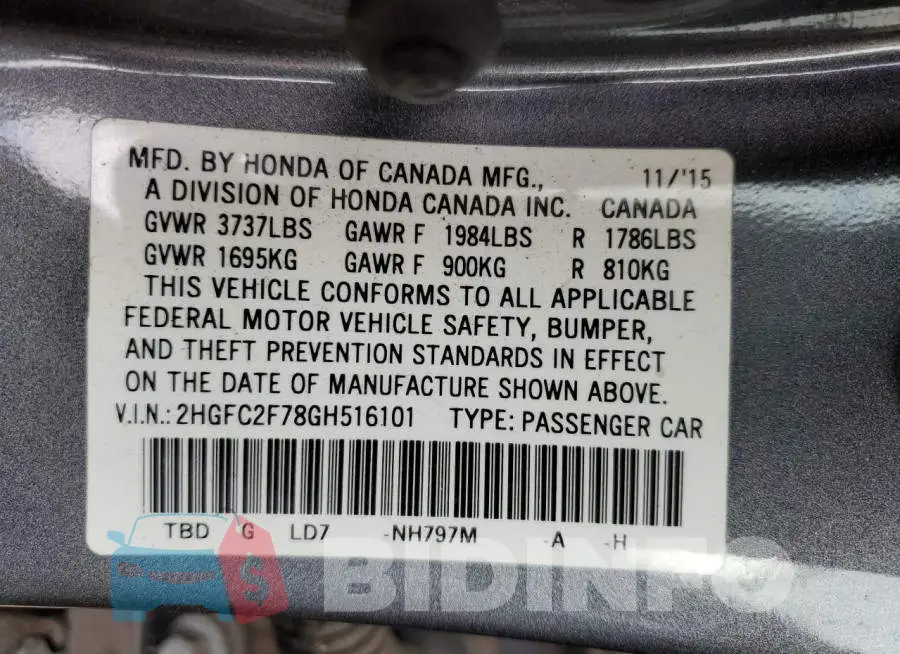 2HGFC2F78GH516101 Photo# 10