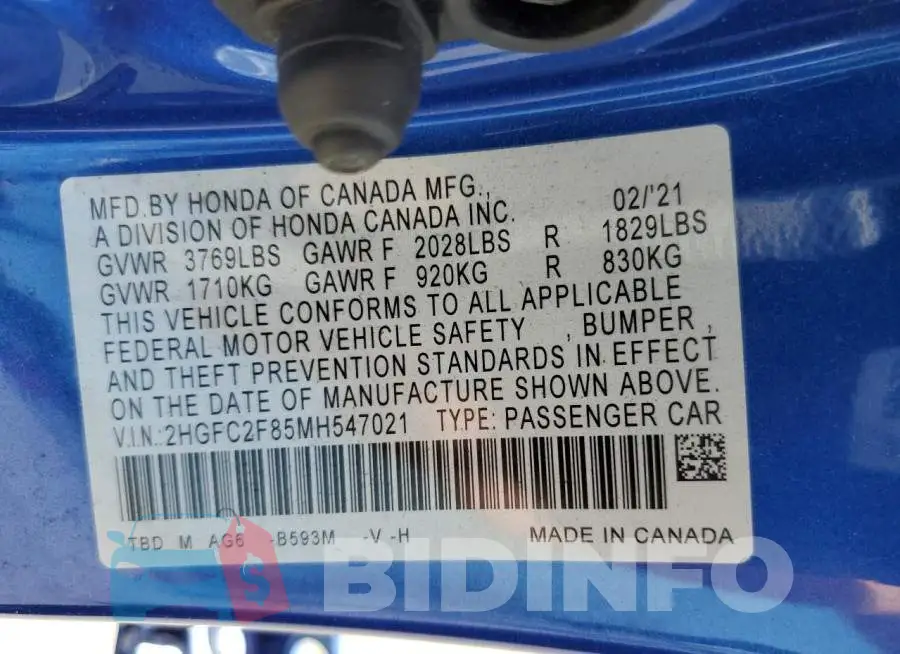 2HGFC2F85MH547021 Photo# 10