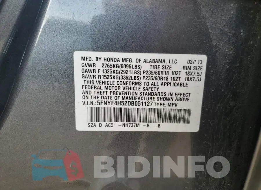 5FNYF4H52DB051127 Photo# 13