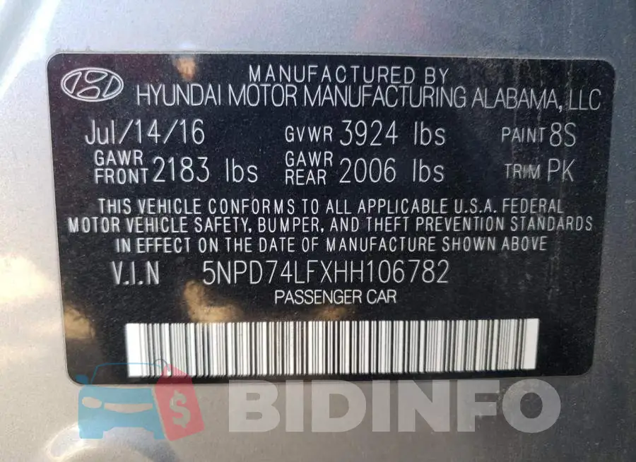 5NPD74LFXHH106782 Photo# 10