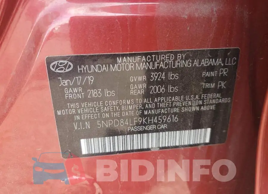 5NPD84LF9KH459616 Photo# 12