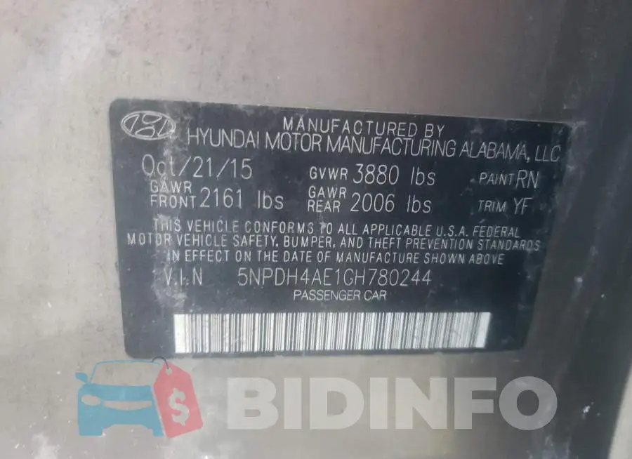 5NPDH4AE1GH780244 Photo# 12
