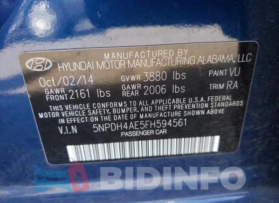 5NPDH4AE5FH594561 Photo# 10