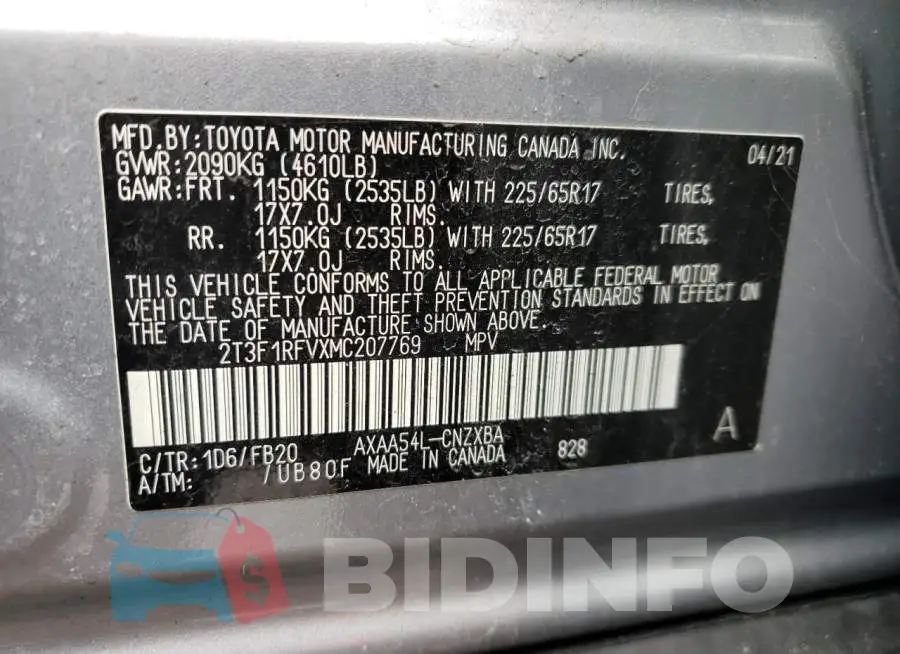 2T3F1RFVXMC207769 Photo# 12