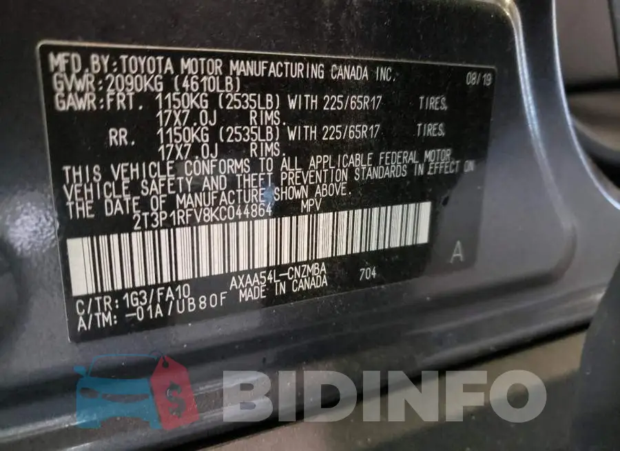 2T3P1RFV8KC044864 Photo# 13