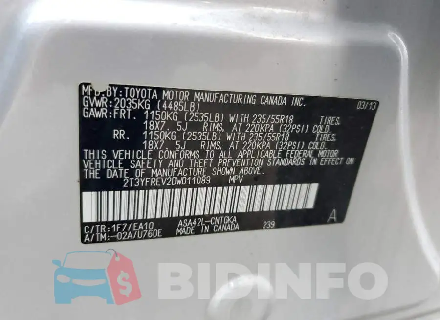 2T3YFREV2DW011089 Photo# 10