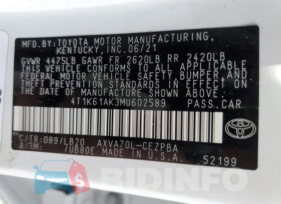 4T1K61AK3MU602589 Photo# 12