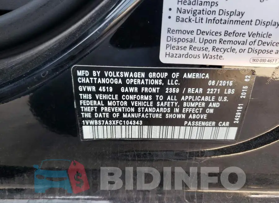 1VWBS7A3XFC104343 Photo# 12