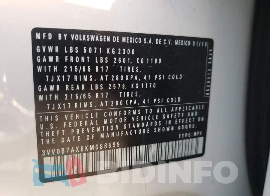 3VV0B7AX8KM088599 Photo# 10