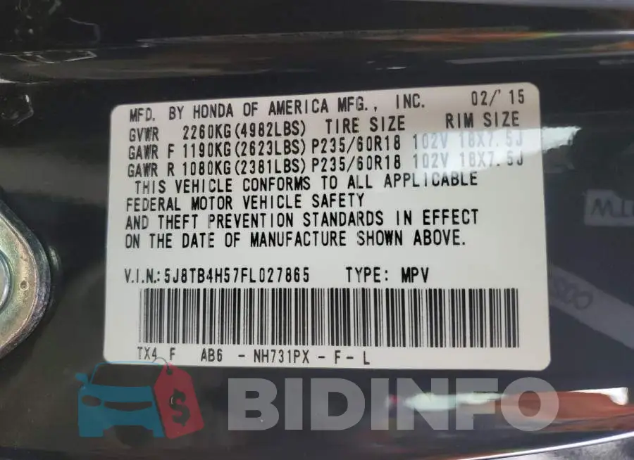 5J8TB4H57FL027865 Photo# 14