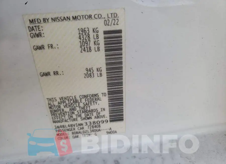 1N4BL4BV1NN338099 Photo# 12