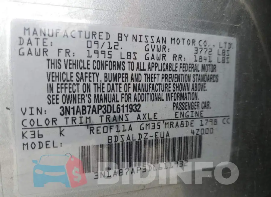 3N1AB7AP3DL611932 Photo# 12