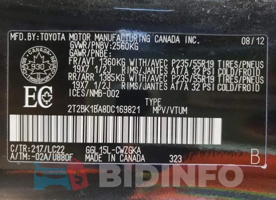 2T2BK1BA8DC169821 Photo# 10