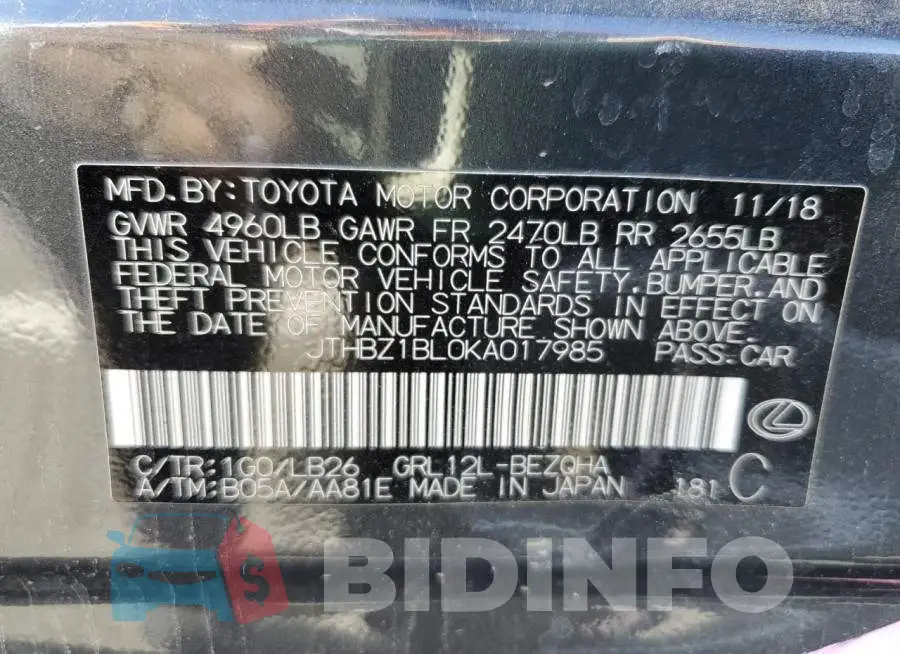 JTHBZ1BL0KA017985 Photo# 10